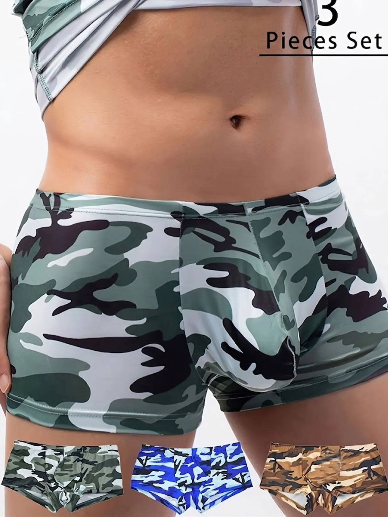 Pack of 3 Men's Camouflage Boxer Briefs: Low-rise design with U-pouch support, quick-drying and breathable fabric, and a highly elastic, seamless, comfortable fit—ideal for fitness, sports, and casual wear.