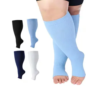 4 Pairs Plus Size Wide Calf Moisture Wicking Compression Sports Socks for Women Men, Open Toe Support Socks, 2XL-4XL, Black Navy Light Blue White, Breathable,  for Running Travel Work Everyday Wear