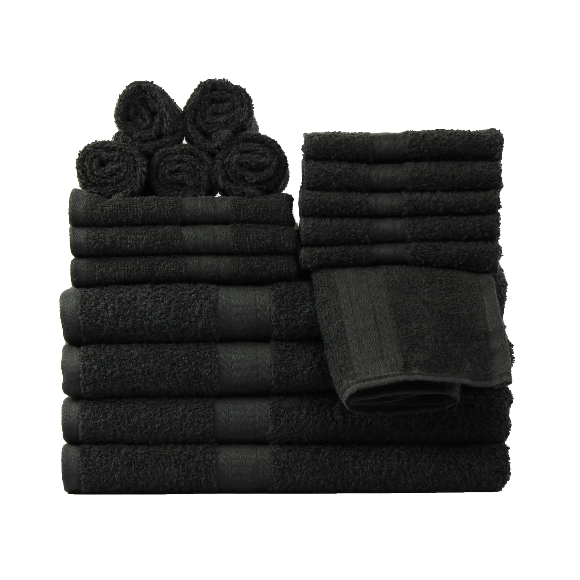 Mainstays 18 Piece 100% Cotton Towel Set, 4 Bath , 4 Hand and 10 Washcloths, Super Soft and Highly Absorbent Basic Solid Towel Set for Bathroom, Hotels, Spa and Gym – Black