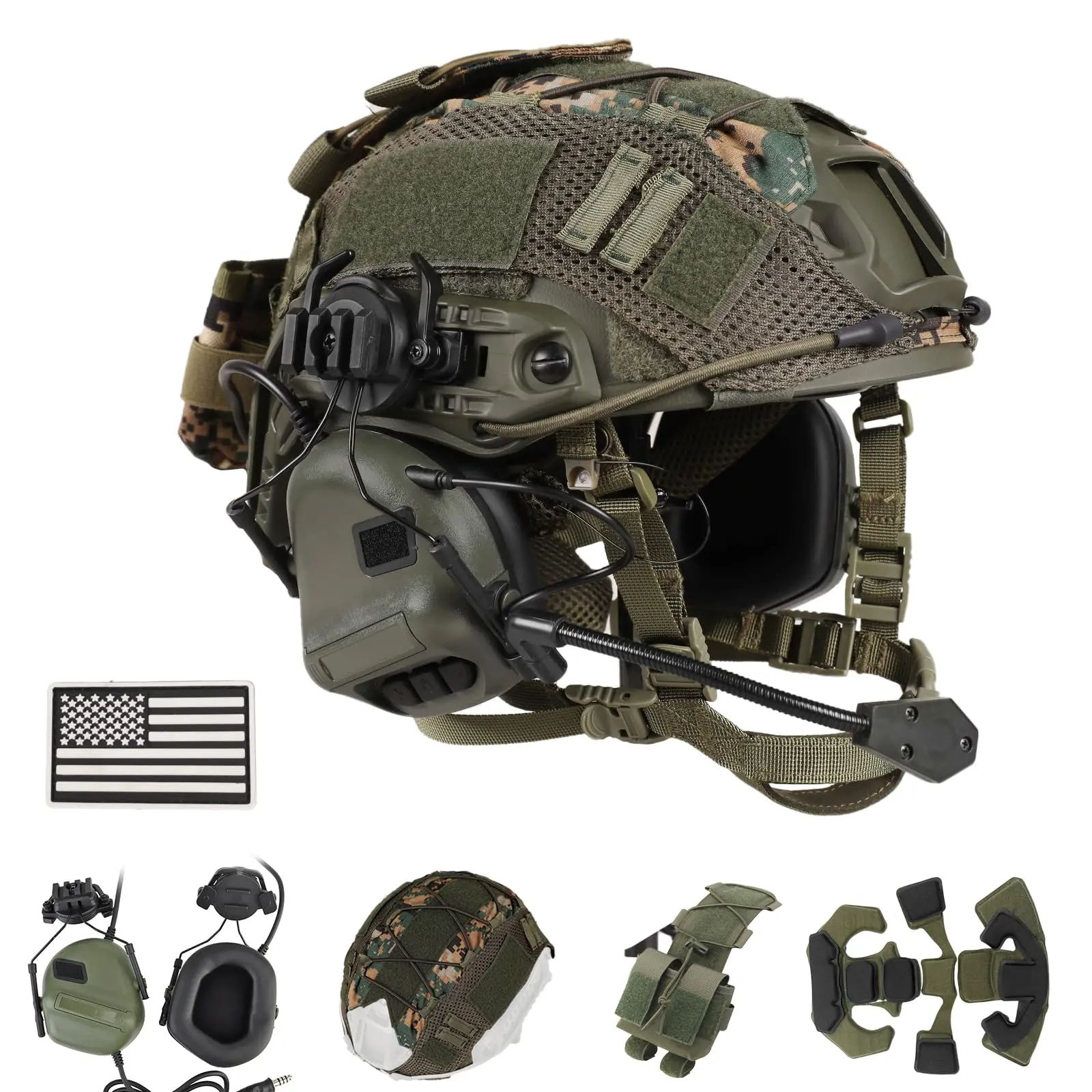 Upgraded Adjustable 4-in-1 Tactical Headset Set with Helmet Cover, Battery Pouch for Cosplay