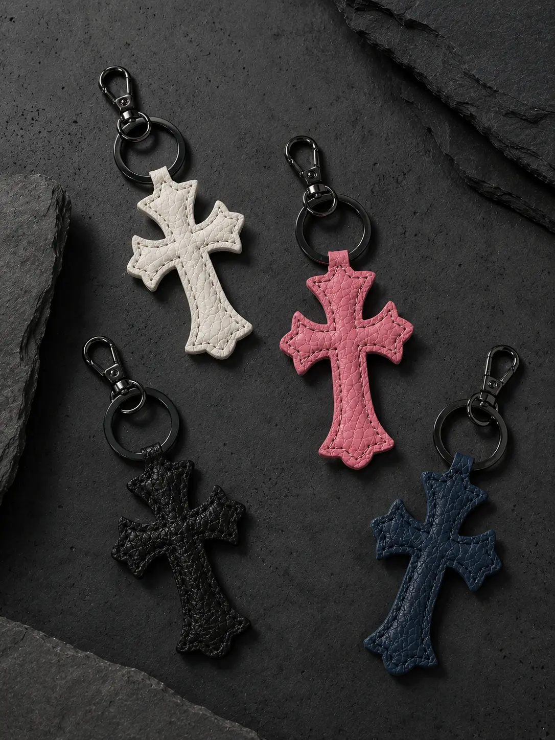 Leather Cross Keychain Silver Key Ring Gothic Cross Bag Charm Pendant Leather Cross Keychain Silver Key Ring Gothic Cross Bag Charm Pendant