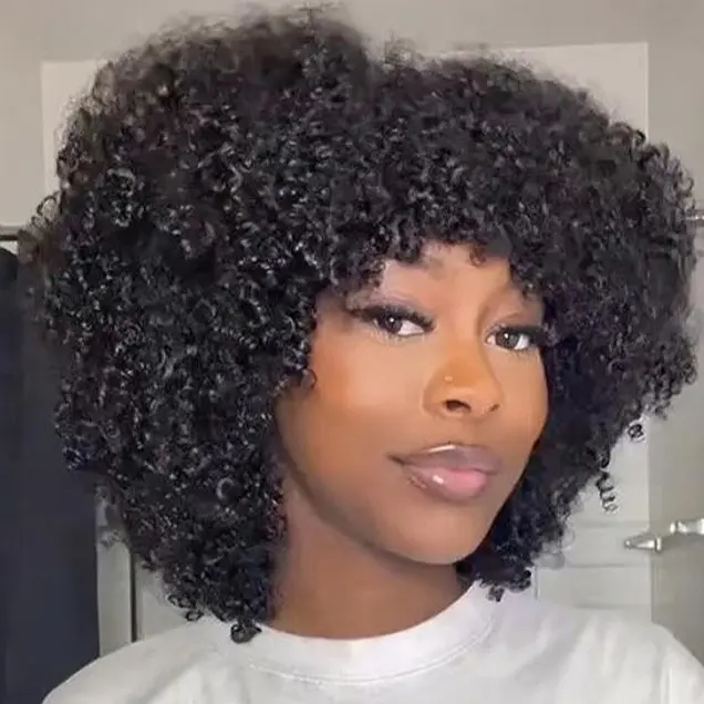 HerGivenHair Glueless Human Hair Full Machine Wig - 3B-3C Curly Texture, Bang Style, 14 inches-18 inches, Shake N Go Design, Eliminates Daily Heat Styling, Ideal for Natural Hair Beginners