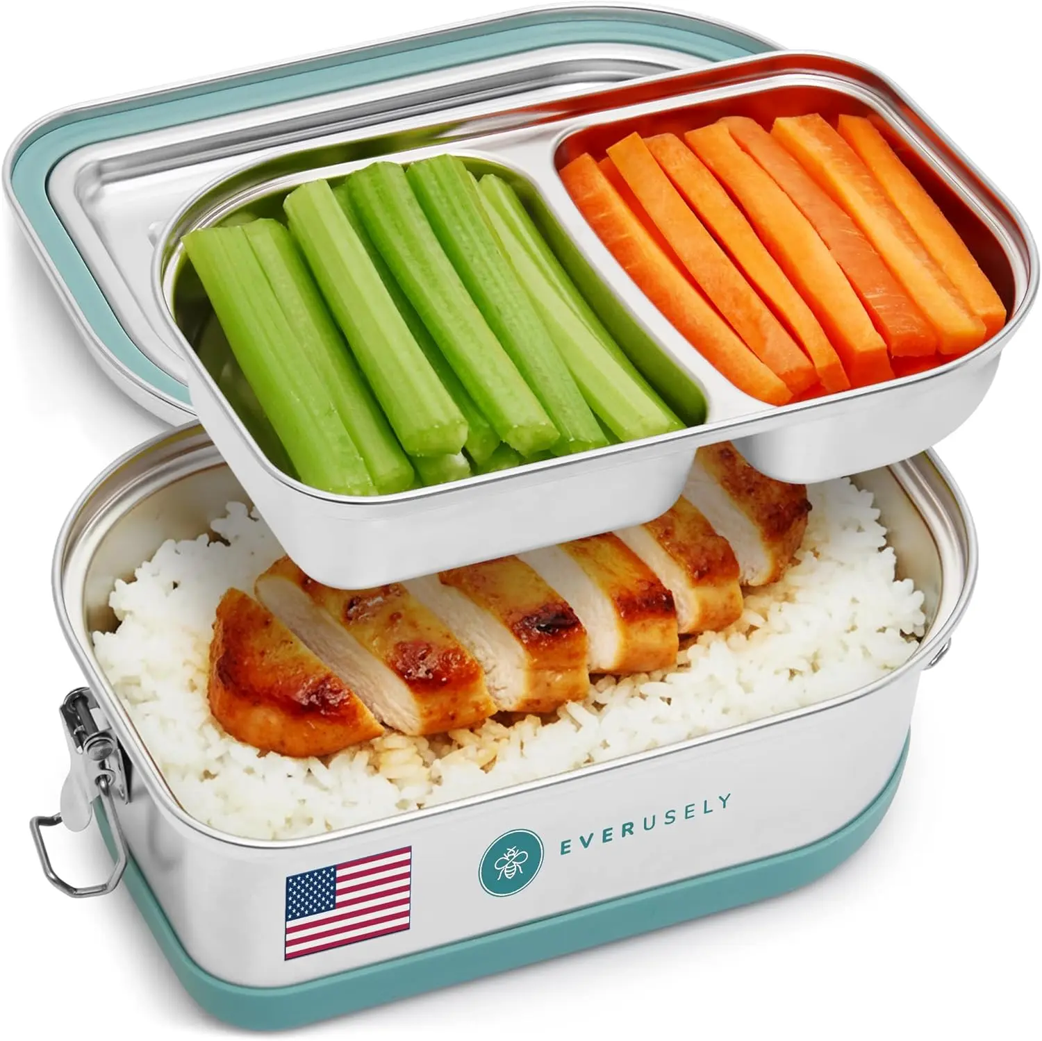 Everusely Stainless Steel Tiered Bento Lunch Box 50oz - Leaf-Shaped 2-Layer Leak-Free Multi-Compartment Container with Removable Divider, Lockable Silicone Ring Lid, Dishwasher/Freezer/Oven-Safe Portable On-the-Go Lunch Solution (Ideal for Work, School),