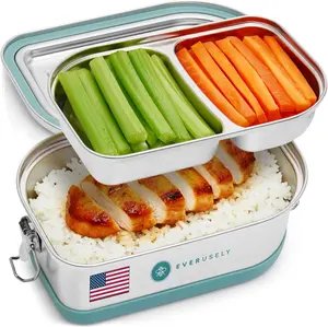Everusely Stainless Steel Tiered Bento Box 50oz, Unique Leaf Shaped 2 Layer Leakproof Lunch Box with Removable Divided Layer and Lockable Silicone Ring Lid, Dishwasher Freezer Oven Safe