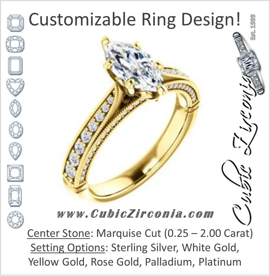 Cubic Zirconia Engagement Ring- The Claudia Jeanine (Customizable Marquise Cut Three Sided Band)