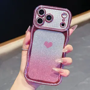 Elegant Transparent Glitter Lens Film, Luxury Edge Drills + Cute Gradient Heart Paper Phone Case, Shockproof Full Coverage for iPhone Models