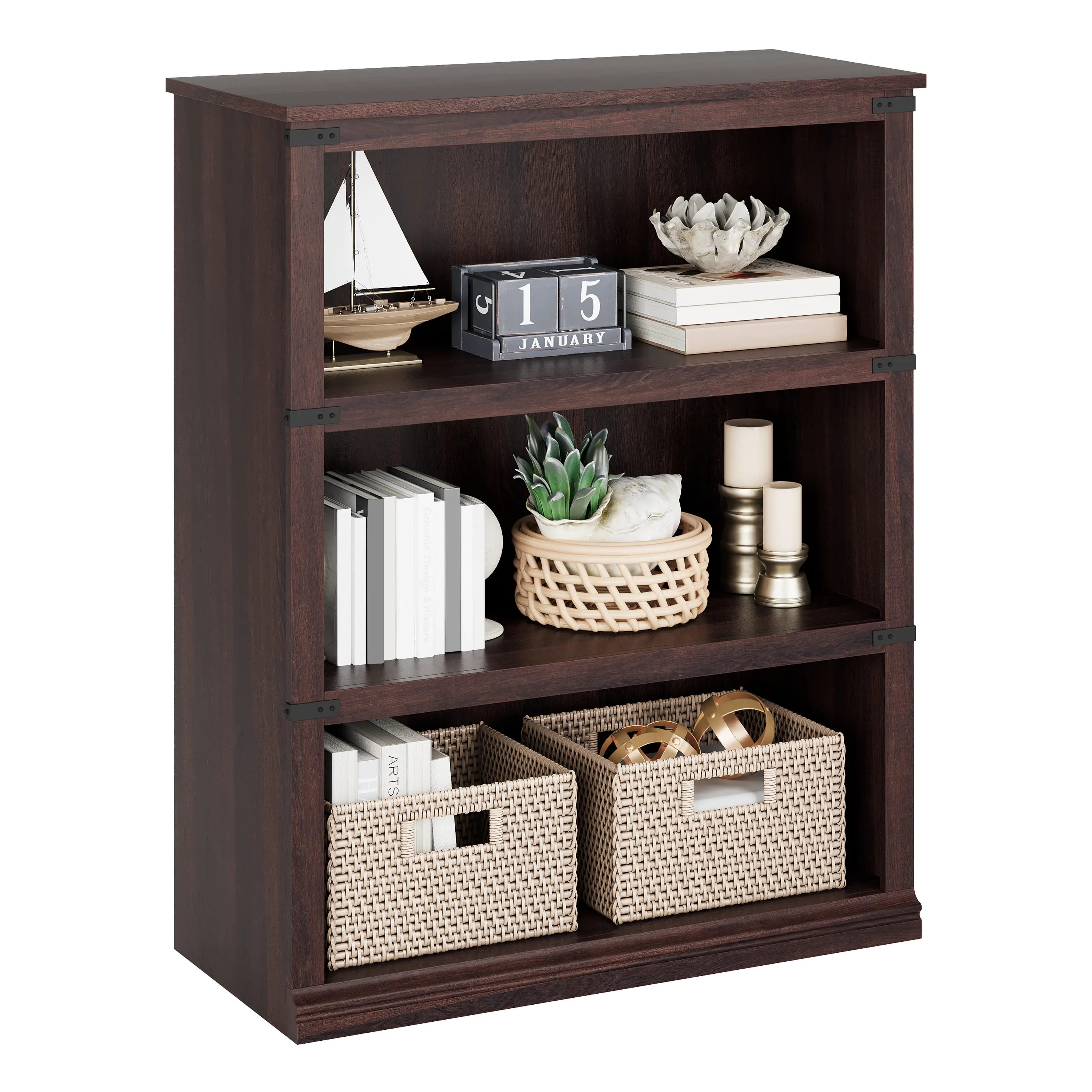 📚 Cherry wood 3-tier bookcase, 31.5" wide. Farmhouse warmth, slim footprint, holds heavy hardcovers without a creak.