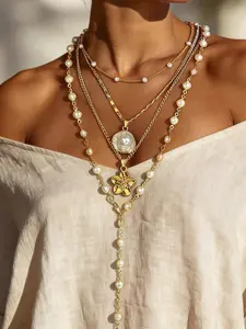 4-6 Pcs Layered Pearl Necklace Set, Boho Y Lariat Floral Pendant, Boho Style Jewelry, Coastal Chic Summer Jewelry for Women, All Seasons