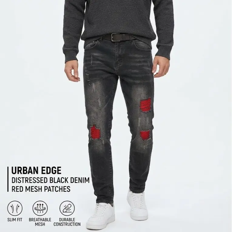 JUNBAOSS Men's Slim-Fitting Stretch Cotton Workout Denim Jeans - Mid Waist, Button Closure, Colored Ripped, Plain Pockets, Vintage Aged Embellished Decorated Menswear Pants, Casual Streetwear Trouser 2026 fashion