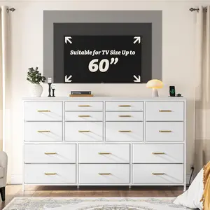 RaybeeFurniture Long Dresser for Bedroom with 16 Fabric Drawers, Modern Dresser with Charging Station, TV Stand for 60" TV Dressers & Chest of Drawers for Bedroom, Living Room, Closet