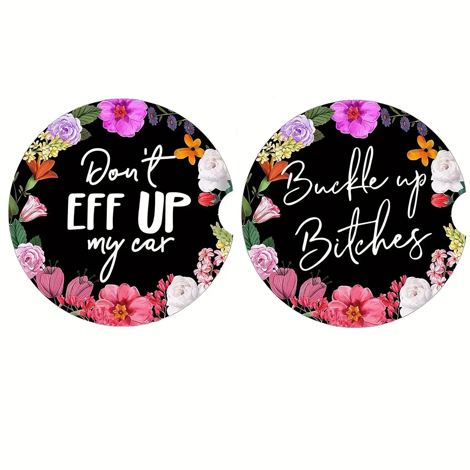 Round-shaped Floral & Letter Print Car Coasters, Car Cup Holder Pads, Fashion Car Interior Accessories for Women & Girls