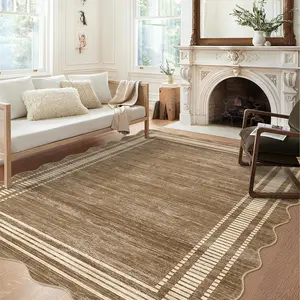 【GARVEE】Area Rug 9x12 Washable Rug Living Room Rugs Soft Indoor Floor Carpet Modern Bordered Irregular Mat Scalloped Throw Rugs Non-Slip Low-Pile Abstract Mat for Dining Room Office Nursery Dorm Camel