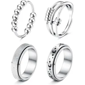 FUNRUN Stainless Steel Fidget Anxiety Ring for Women Men Fidget Spinner Rings Moon Star Celtic Stress Relieving Spinning Ring Wedding Band Rings Set,4Pcs