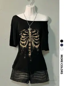 Women's Summer Short Sleeve Asymmetrical Off-Shoulder Top, Comfortable Lightweight Breathable Knitted Graphic Fit T-Shirt for Casual Everyday Wear, Essential Wardrobe Piece, Womenswear
