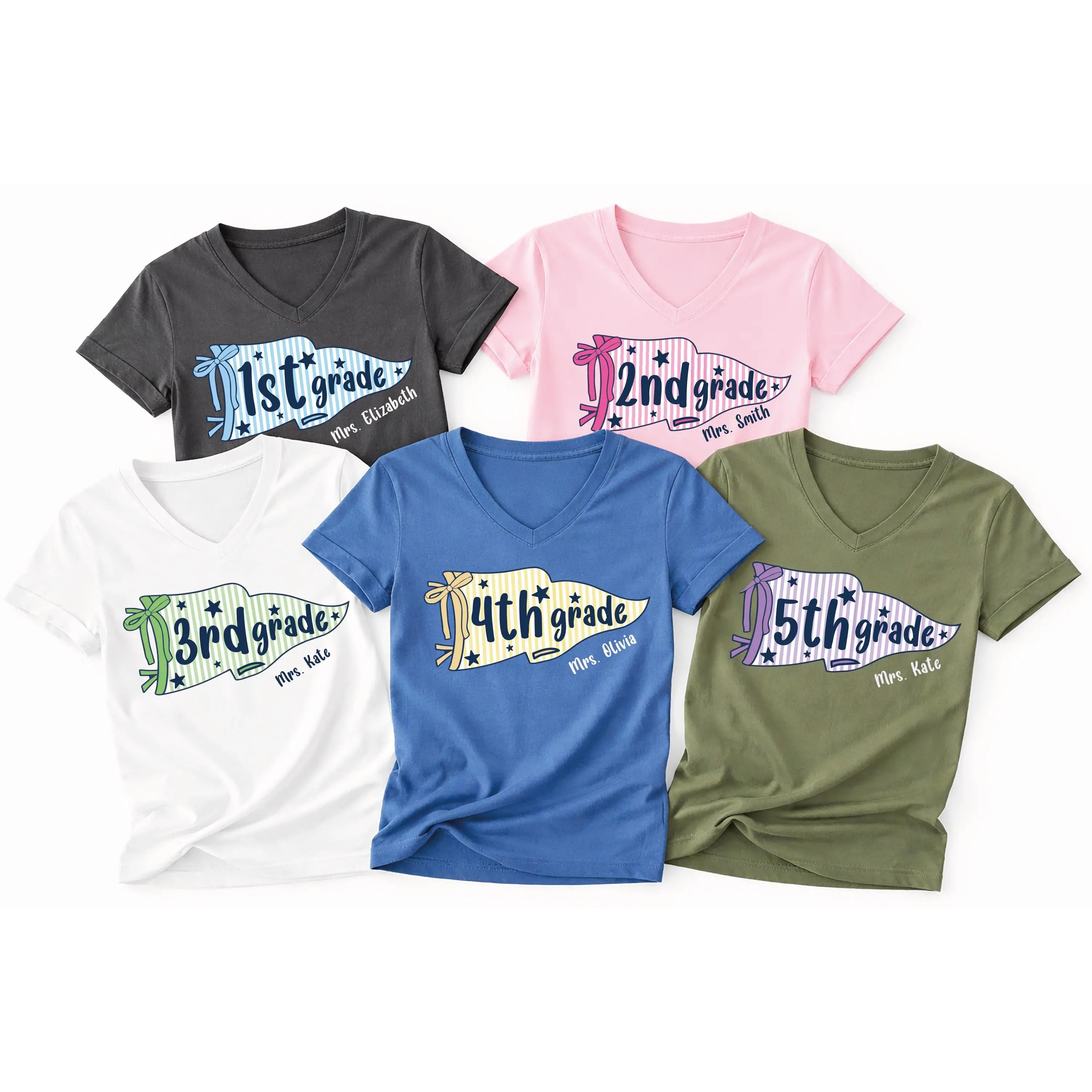 Custom Grade Level Teacher Vneck Shirt, Personalized Pennant Flag V-Neck Tee, Teacher Team Shirt, Back To School Gift, S1474