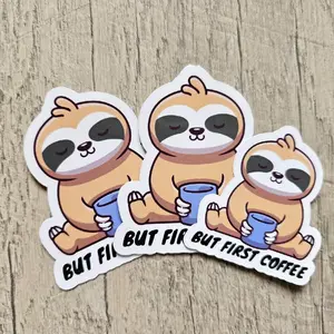 But First Coffee Sticker, Sloth Sticker, Coffee Lover Decal, Cute Vinyl Stickers, Kawaii Stickers, Laptop Decal, Tumbler Sticker