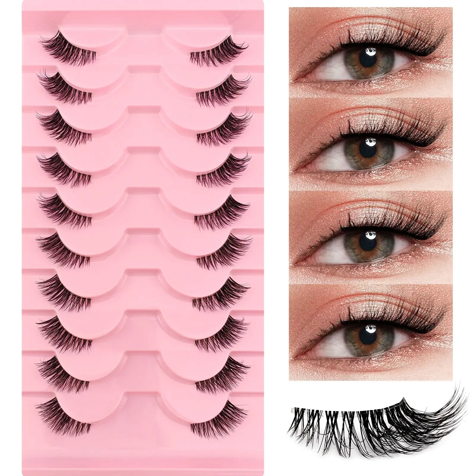 10 Pairs Half Eye False Eyelashes with Transparent Stem, Fluffy Natural Look for Everyday Wear, Lightweight and Comfortable Eyelash Extensions, Soft Lashes, Artificial Lashes