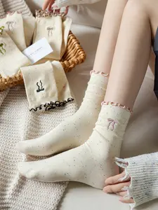 Women's Socks Set, Mid-Length Bow Embroidery Design, Cute Ear Fungus Lace Pile Style, Ideal Spring & Autumn Wear, Perfect Student Gift Choice