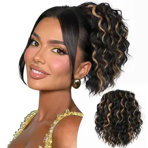 CHAOEE 10Inch Curly Ponytail Extension Drawstring Ponytail for Black Women Synthetic Short Hair Two Styles in One Versatile Pony Tails(Black Brown)