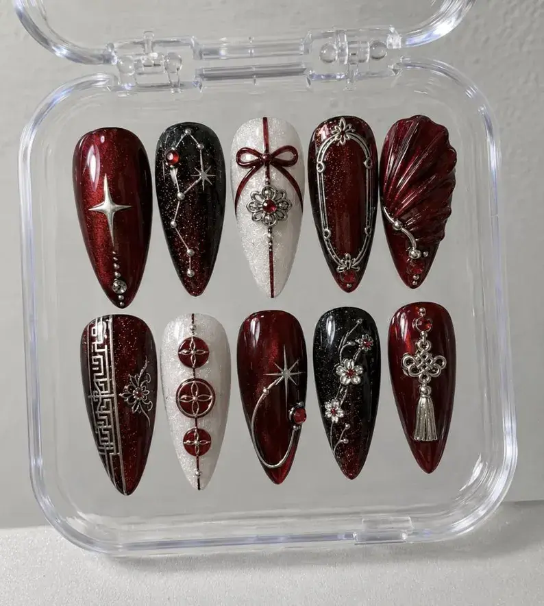 ARIRANG World Tour Inspired Press On Nails | Kpop Concert Nails | Burgundy Red Press On Nails | Handmade Gel Nails | Elegant Fan Gift