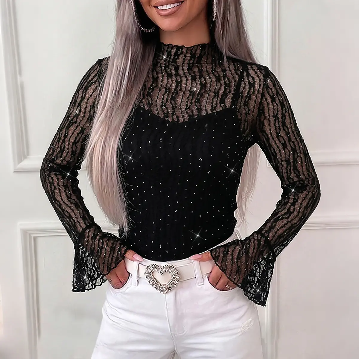 CHICME Women's 2 Piece Outfit Rhinestone Mock Neck Flare Sleeve Sheer Mesh Top with Adjustable Cami Top