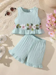 Girls Summer Lace Plain Tank Top + Shorts Two-Piece Set Outfit, Baby Clothes Girl, Cute Clothing Set, Casual Fashion, Comfortable and Stylish, Perfect for Daily Wear