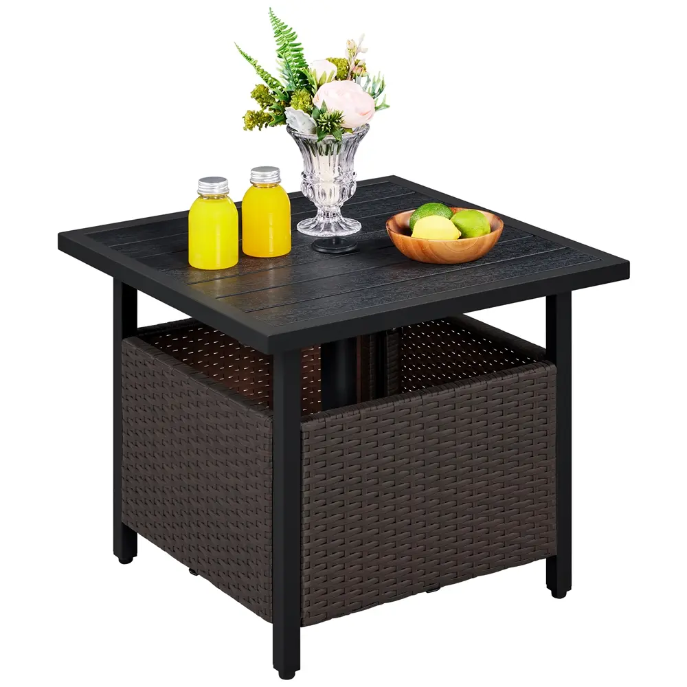 Yaheetech Lightweight PE Rattan Outdoor Patio End Table - Iron-Framed, Flexible, with Umbrella Hole, Black for Garden, Poolside, Indoor Outdoor Use