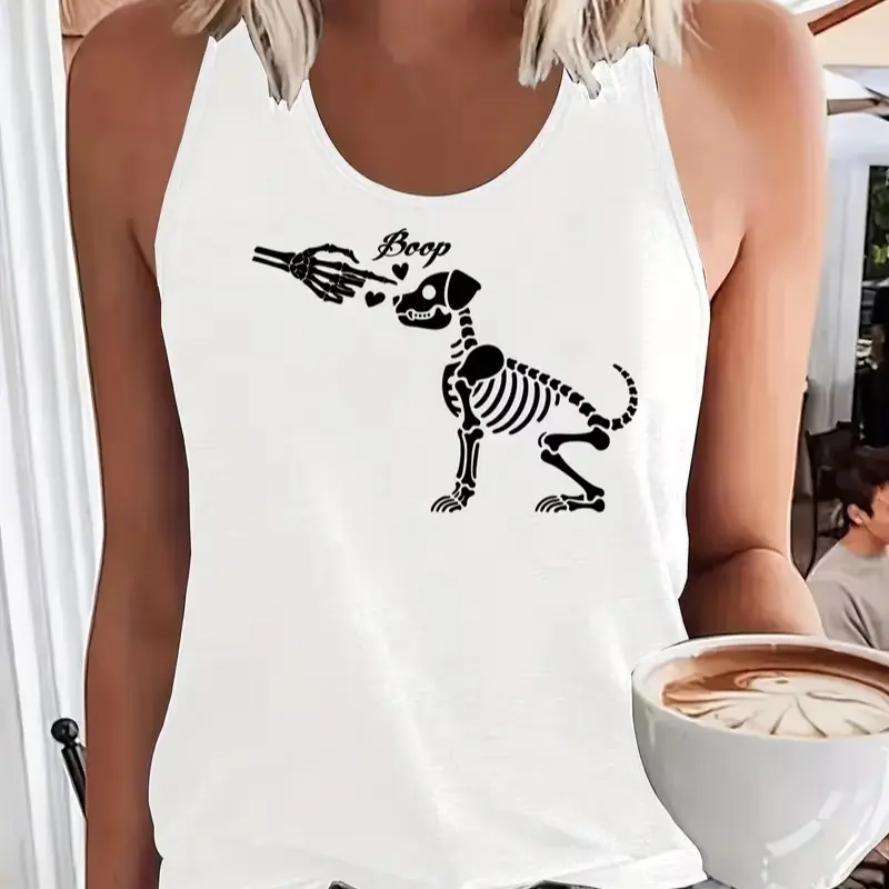 Women's Gothic Halloween Tank Top - Cute Skeleton Dog "Boop" Design, Polyester Fabric, Adjustable Straps, Casual Style for Ladies