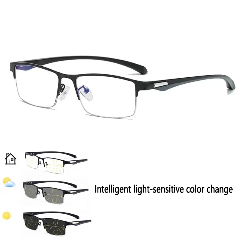 TR90 upgraded flexible frame, lightweight, non-slip, not easily breakable, high clarity for near/far vision, blue light blocking, multi‑focus photochromic lenses, unisex reading glasses