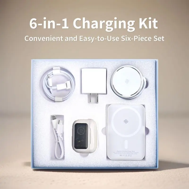 6-in-1 Portable Charging & Audio Kit – 10,000mAh Magnetic Power Bank, Wireless Charger, Type-C Cable & Bluetooth Headphones