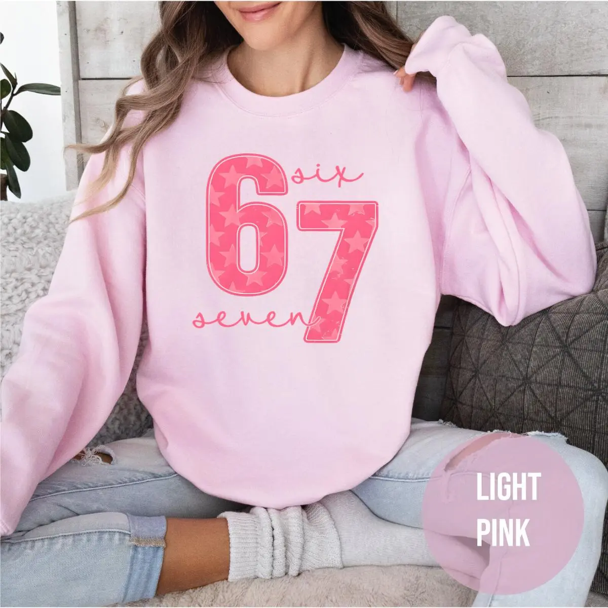 Funny 67 Number Graphic Sweatshirt, Pink Crewneck with Bold “67” Design, Hearts & Stars Casual Top