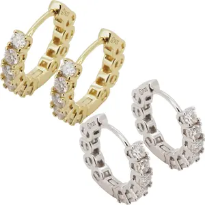Moissanite 925 Sterling Silver 14k Gold Vermeil 2.5mm x 16mm Latch Back Hoop Earrings