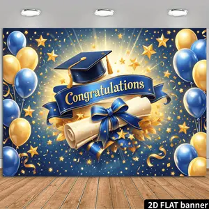 1PC,2D Flat Backdrop Graduation Party Decor Backdrop, Graduation Celebration Banner with Grad Cap, Diploma, Balloons, Stars, Perfect for Graduation Ceremony, Party Decoration, Photo Background