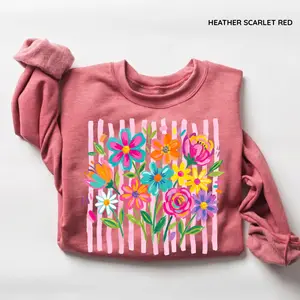 Comfort Colors Striped Boho Floral Brushstroke Sweatshirt, Preppy Wildflower Summer Crewneck, Aesthetic Boho Floral Pullover Gift for Her