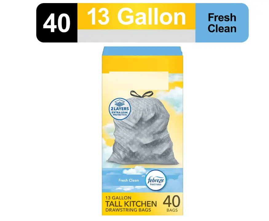 Tall Kitchen Drawstring Trash Bags, 13 Gallon, Gain Fresh Clean with Febreze Freshness, 40 Count