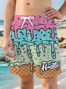 Boys' Ice Cream Print Swim Trunks, Elastic Waist Beach Shorts, Vibrant Print, Comfortable Clothing, Perfect for Vacation & Casual Wear