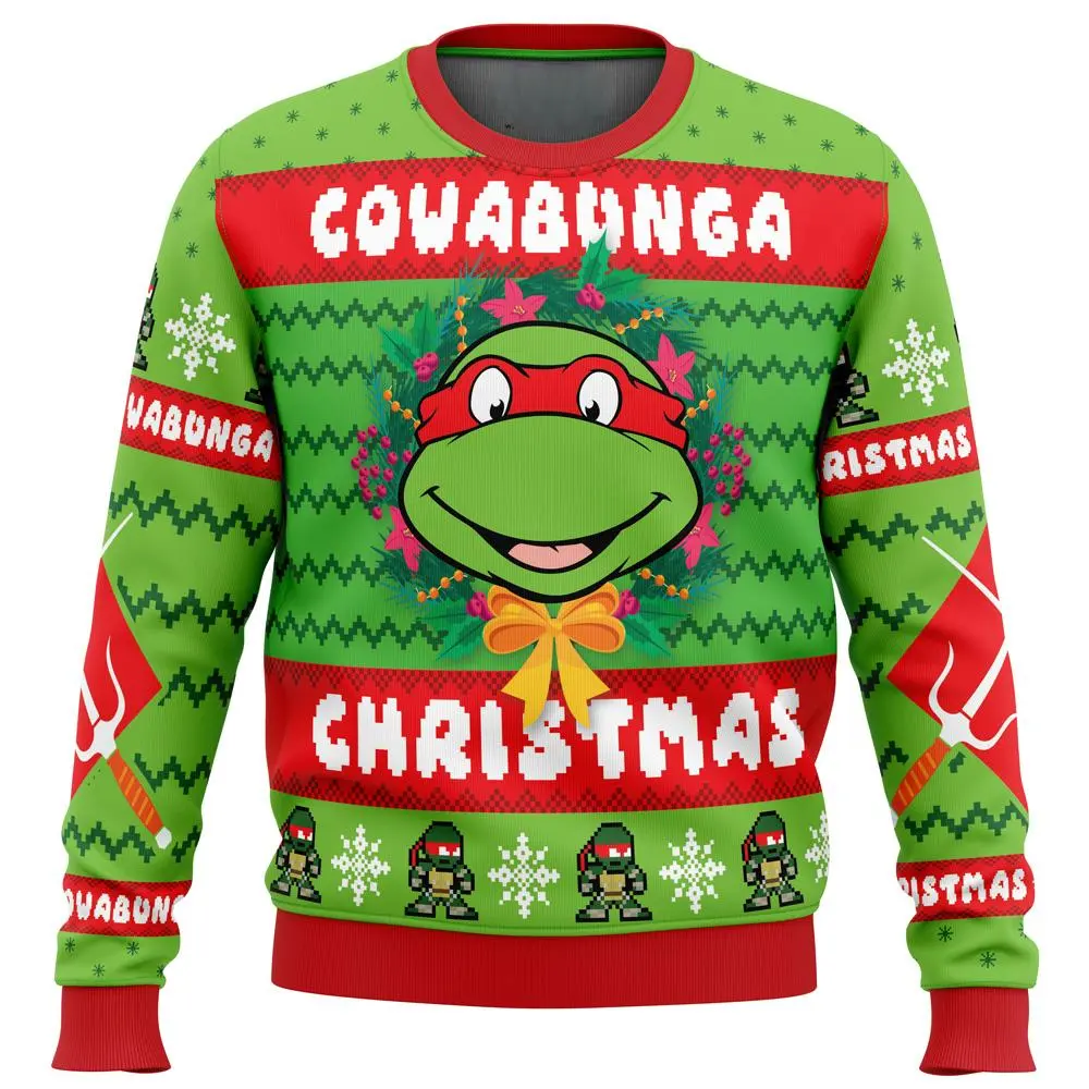 [HOT UGLY] Teenage Mutant Ninja Turtles Cowabunga Christmas Ugly Sweater – Funny Raphael TMNT Holiday Pullover, Retro Green Red Xmas Party Outfit for Men Women Kids Fans