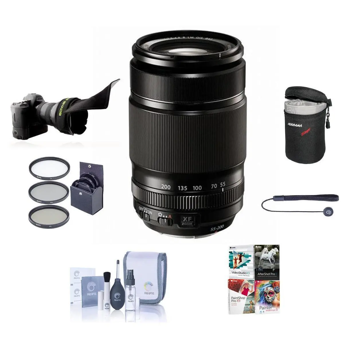 Fujifilm XF 55-200mm f/3.5-4.8 R LM OIS Lens, Bundle with 62mm Filter Kit & Photo Video Art Suite PC Software Kit