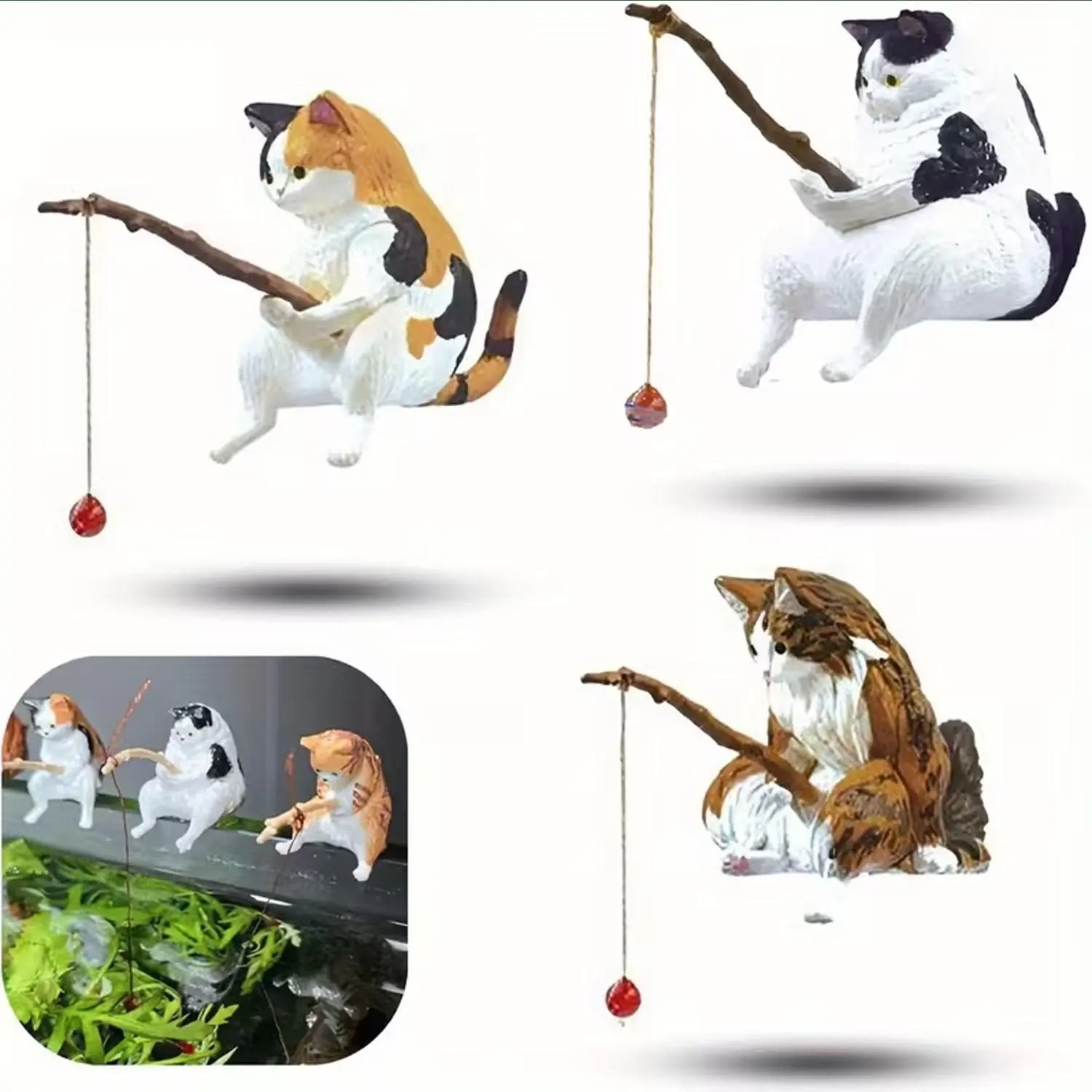 Miniature Fishing Cat Statue Aquarium Ornament, Vivid Cute Fish Tank Decorations, DIY Aquascape Accessory, Desktop Small Figurine
