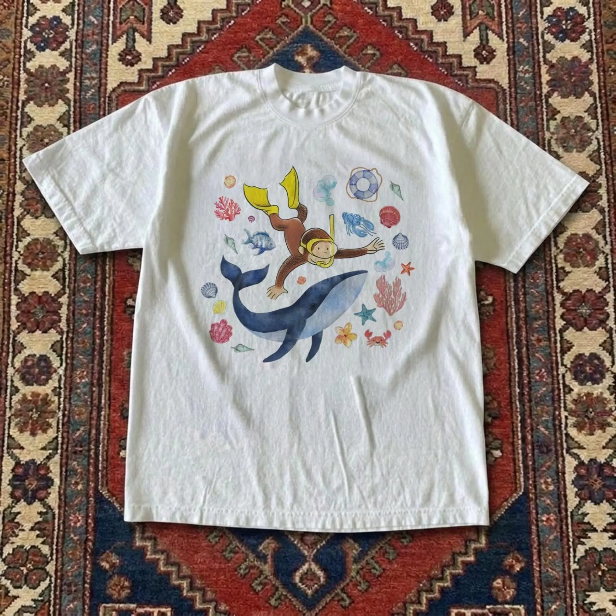 Gildan Men's And Women's T-Shirt, Curious George Graphic Tee With Monkey Diving With A Whale And Sea Creatures Tee, Animal T-Shirt, Unisex Vintage Graphic Tees Gothic Grunge Y2K Emo Scene Amity Affliction Style Clothes Men Women Streetwear Summer