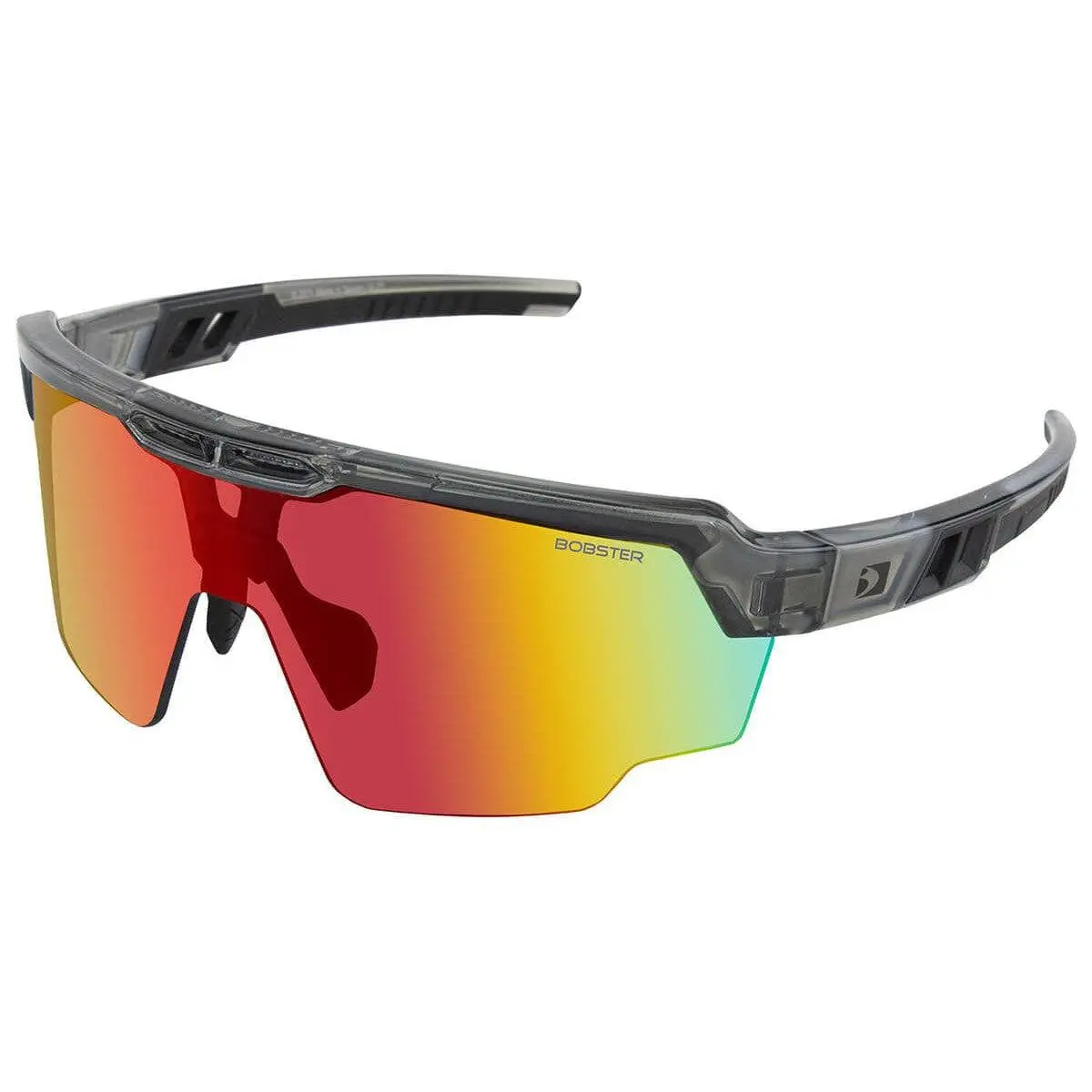 Bobster Wheelie Cycling Sunglasses - Mountain Bike Glasses with Gloss Clear-Gray Frame, Smoke Black Red Revo Lens, Polycarbonate, Shatterproof, Adjustable, Bridge - 20 Mm, Includes Microfiber Pouch, Road Riding, Sporty Look