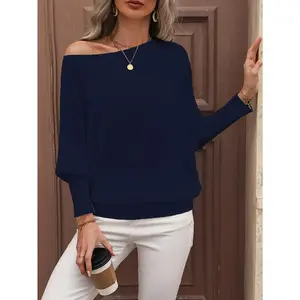 Elegant off-the-Shoulder White Knitted Sweater-Fashion Long Sleeve, Polyester Pullover with Ribbed Texture, Suitable All Seasons, Cute Sweater