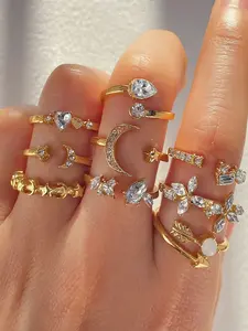 Women's Elegant Rhinestone Decorated Ring Set, 9 Counts Exquisite Trendy Ring Set, Heart & Moon & Star & Moon Design Ring Set for Women & Girls, Exquisite Jewelry for Gift, Dainty Stacking Rings