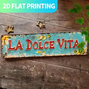 2D Flat, 1pc Large Vintage Italian "LA VITA" Metal Wall Decor Sign - Turquoise & Red Retro Farmhouse Decoration - Italian Phrase for Kitchen, Living Room, Porch - Easy Hang with Pre-Drilled Holes - Housewarming Gift for Italian Lovers - Durable Aluminum C