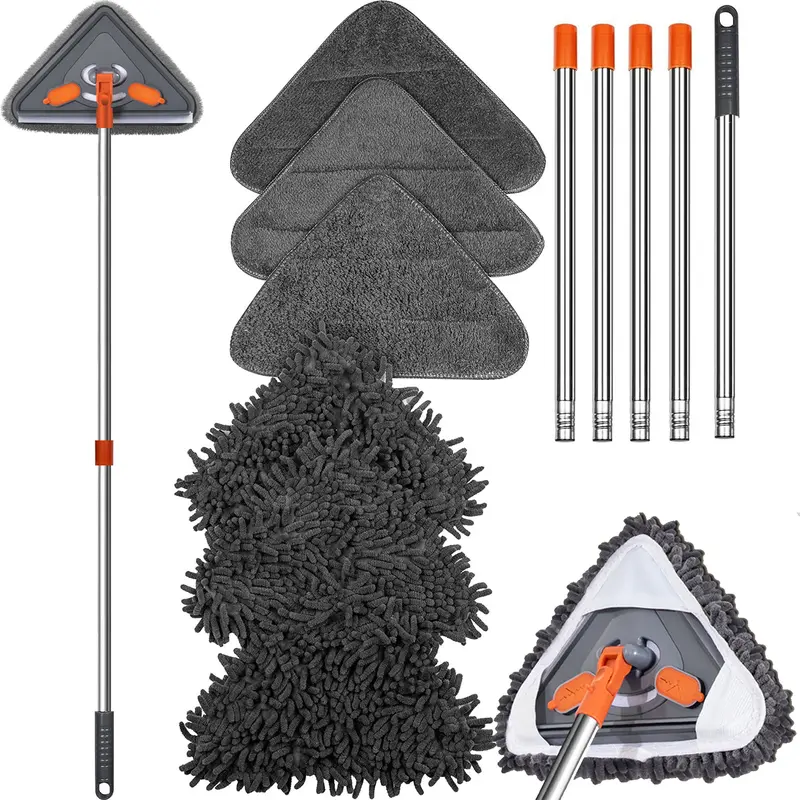 3-in-1 Adjustable Extendable Long Handle Wall & Ceiling Mop (85in Extension Pole) - Multi-Use Device with Squeegee, Cleaning Scraper, 6-Pack Replacement Microfiber Heads, Chenille Pads for Indoor/Outdoor Reusable Cleaning, Reusable Mops