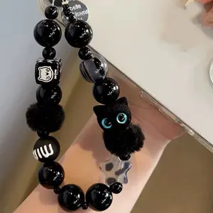 [Lw] Niche premium black plush cat mobile phone lanyard beaded hand chain wrist strap car keychain bag pendant Phone Chains Phone Charms Cell Phone Charm