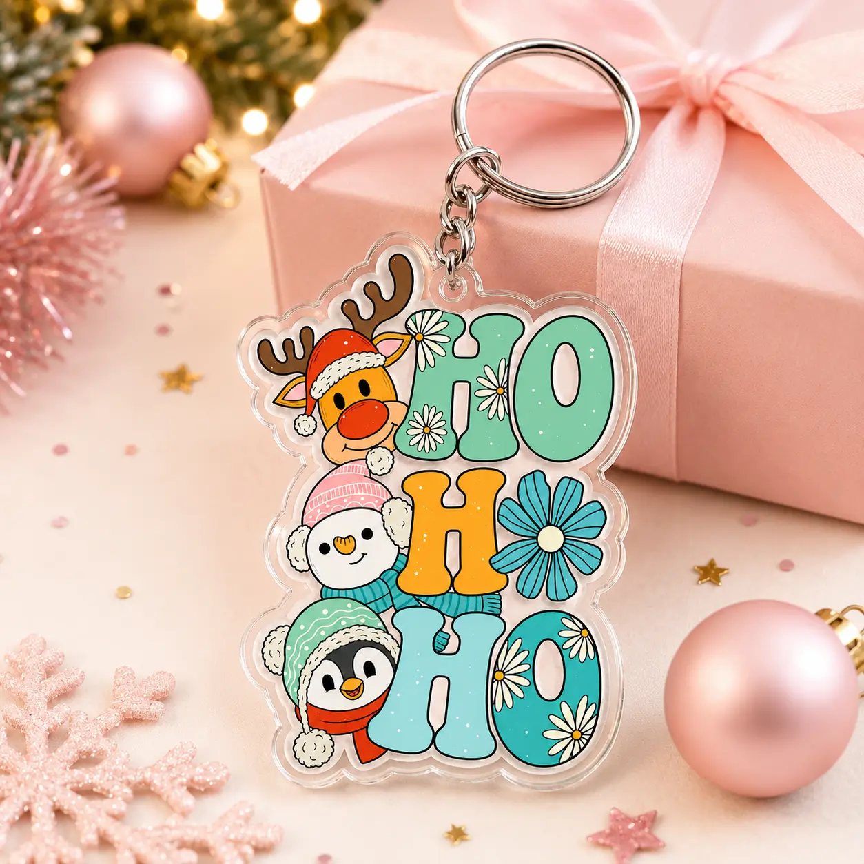 Ho Ho Ho Christmas Keychain, Cute Reindeer Snowman Penguin Acrylic Keychain, Colorful Holiday Bag Charm, Stocking Stuffer Gift