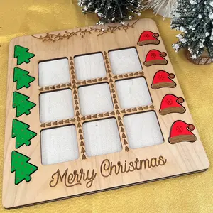Hand Painted Wood Christmas Tic Tac Toe Board Game - Kids Game - Gift for Kids - Travel Game - Party Favor