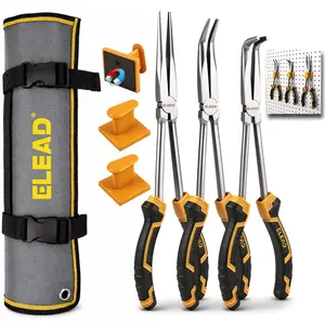 3-Piece 11 Inch Long Reach Pliers Set with 3 Magnetic Plier Racks, Extra Long Needle Nose Pliers Set Includes Straight, 45° & 90° Bent Nose Plier, Pliers Tool Set for Tight Spaces