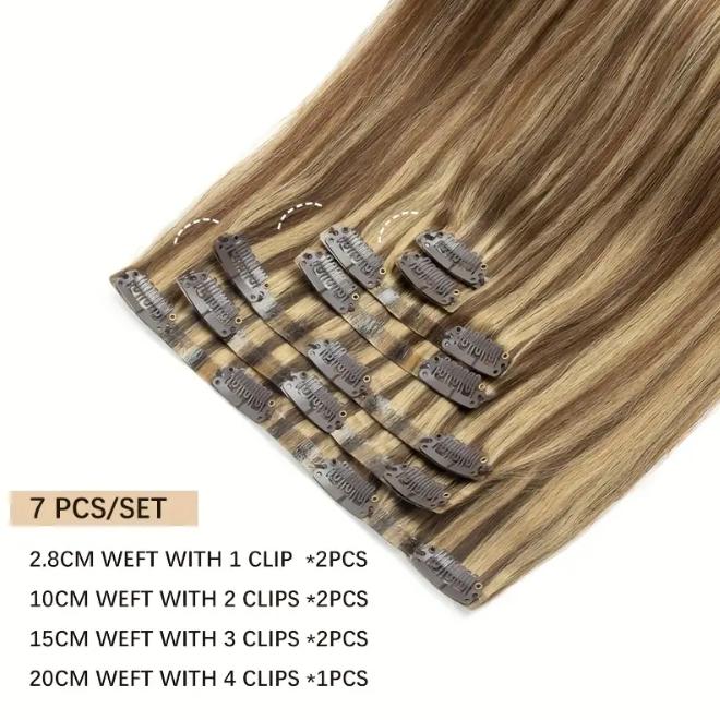 7Pcs Seamless Clip-In Straight Brazilian Remy Human Hair Extensions No Glue PU Clips 12-24 Inch 110-120g Natural Black Brown Blonde Adds Volume Length Quick Transformation Versatile Styling